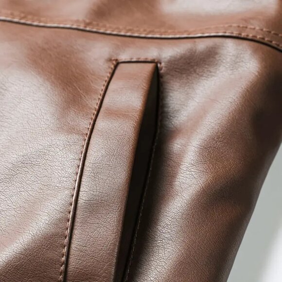 Hooded Coffee Motorcycle Biker Style Jacket - Picture 4 of 5